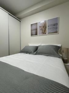 a bedroom with a large bed with three pictures on the wall at Apto perto Metrô, Allianz e Espaço Unimed in Sao Paulo