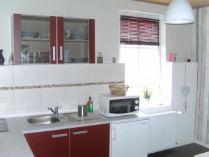 cocina con fregadero y microondas en Fischerhaus König in Alt Sassnitz, en Sassnitz