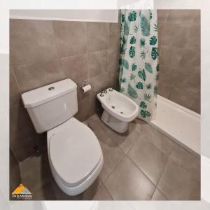 a bathroom with a toilet and a shower curtain at De La Montaña - Loft in Esquel +11 photos