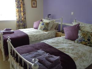 two beds in a bedroom with purple walls at Lodge House B&B in Buckland St Mary