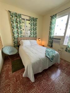a bedroom with a large bed and two windows at Spa Apartment in Mayaguez