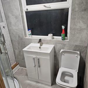 a bathroom with a sink and a toilet and a window at Bee hive 1 in Manchester