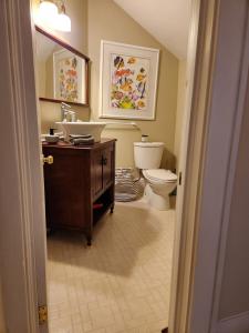 a bathroom with a toilet and a sink at Stone Carriage House in Picton