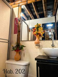 uma casa de banho com dois vasos em cima de um WC em Villa Tikuna em Mariquita