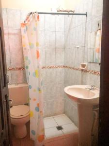 a bathroom with a sink and a toilet and a shower curtain at Hostal Juanita in Vallegrande