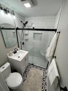 Eastlake的住宿－Cozy Mosaic Cottage，带淋浴、卫生间和盥洗盆的浴室