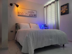 una camera da letto con un letto e un piumone bianco di Vadi's Lux, Wi-fi, coffe, tea, parking, laundry room. a Mayaguez