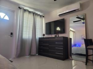 1 dormitorio con TV y tocador con espejo en Vadi's Lux, Wi-fi, coffe, tea, parking, laundry room. en Mayagüez