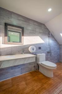 a bathroom with a toilet and a sink and a mirror at Richy Dalat Hotel in Da Lat