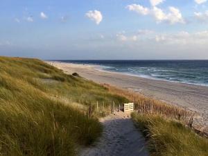 una playa de arena con un banco y el océano en Vacation home, Neukirchen, en Neukirchen