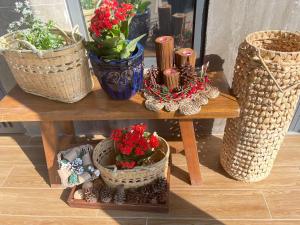 a table with three potted plants and flowers on it at Cao Vintage Villa - Venuestay in Tam Ðảo