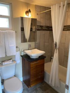 a bathroom with a sink and a toilet and a tub at The Flagstone Boutique Inn & Suites in Kanab