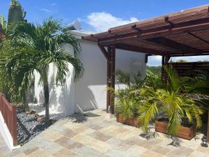 a house with two palm trees in a courtyard at Studio La Normantillaise in Petit-Bourg