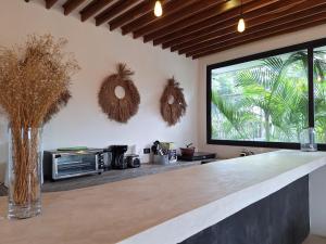 图卢姆BT Rooms Tulum的带大窗户柜台的厨房