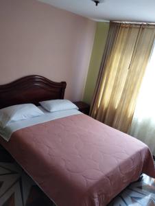 1 cama en un dormitorio con ventana grande en Hotel Torre Bolívar, en Pasto