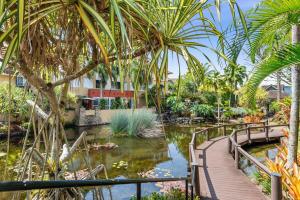 a bridge over a pond in a garden with palm trees at Reef Apartment Cairns in Edge Hill