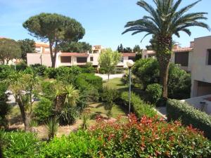 un jardin avec des palmiers et des buissons et un bâtiment dans l'établissement Appartement Argelès-sur-Mer, 2 pièces, 4 personnes - FR-1-776-73, à Argelès-sur-Mer