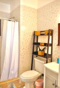 a bathroom with a toilet and a shower curtain at Roatan’s green view getaway. in Roatan