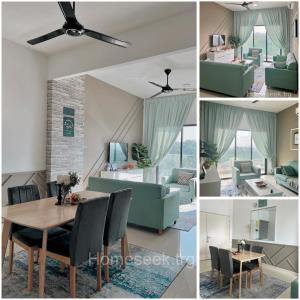a living room with a blue couch and a table at Homeseek, Spacious and Cozy Apartment in Kuala Terengganu in Kuala Terengganu