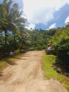 a dirt road with palm trees and a car on it at Papehau Room in Fare