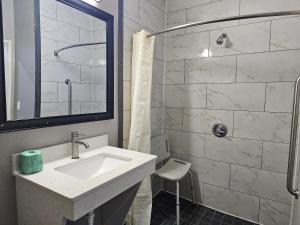 y baño con lavabo y ducha. en Motel 6 Houston, TX - Hwy 249 and Fallbrook en Houston