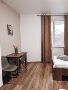 1 dormitorio con escritorio, 1 cama y 1 mesa en Hotel Dovha, en Leópolis