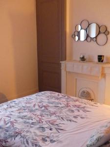 - une chambre avec un lit doté d'une cheminée et de plaques murales dans l'établissement Bel Appart' Confort VILLEURBANNE TRAM T3 WIFI, à Villeurbanne