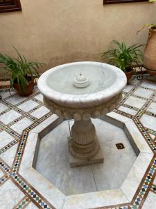 a large stone fountain in a room with plants at Riad Amalia in Marrakech