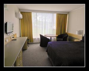 a hotel room with a bed and a desk and a television at Heemskirk Motor Hotel in Zeehan