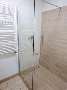 a shower with a glass door in a bathroom at Good Place in Szczecin in Szczecin