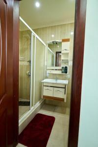 ein Bad mit einer Dusche, einem Waschbecken und einem Spiegel in der Unterkunft Lomes cozy home Mikocheni near Beach in Daressalam