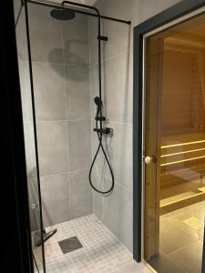 a shower with a glass door in a bathroom at Toppvillan - Ski In - Ski Out - 200 m till toppen och cykelleder in Järvsö