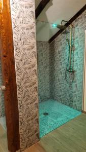 a shower in a room with a glass wall at Il tempio nel bosco The Rustic Rooms & Wine 