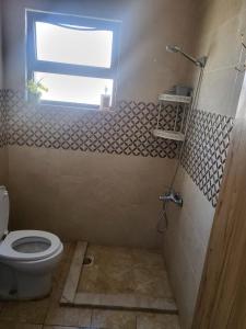 a bathroom with a toilet and a window at اوليفيا للشقق الفندقية in Amman