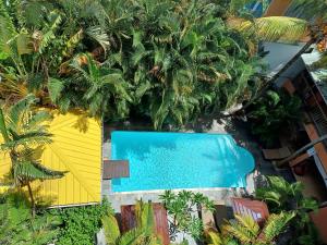 een uitzicht over een zwembad en palmbomen bij Le Palmier in Trou aux Biches