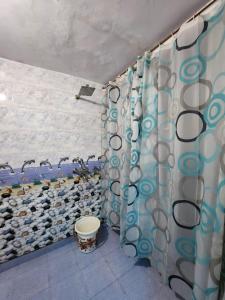 a bathroom with a shower curtain and a toilet at Dk's Paradise Homestay in Agra