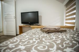 - une chambre avec un lit et une télévision à écran plat dans l'établissement Jelena Apartmani, à Sombor