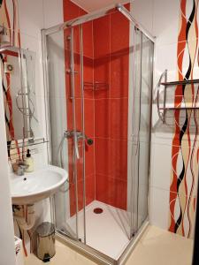 y baño con ducha y lavamanos. en Hegin Exclusiv Home, en Budapest