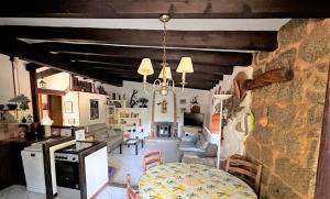 eine Küche und ein Wohnzimmer mit einer Steinmauer in der Unterkunft Charmante maison de campagne avec piscine in Sartène
