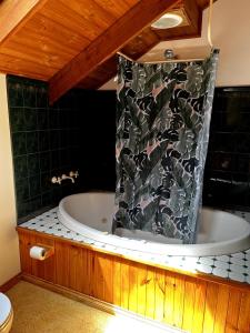 y baño con bañera y cortina de ducha. en Kappering Retreat, en Portland