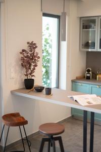 eine Küche mit einer Theke mit zwei Hockern und einer Pflanze in der Unterkunft VUAR SUITES in Petalidi