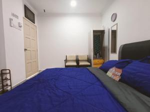 een slaapkamer met een blauw bed en een stoel bij SELESA GUEST RoOM in Skudai