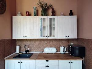 a kitchen counter with white cabinets and a sink at Apartament willa Radosna in Garbatka-Letnisko