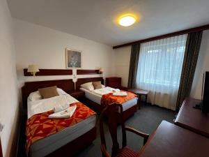 ein Hotelzimmer mit 2 Betten und einem Tisch in der Unterkunft Hotel Bohemia Excellent in Klášterec nad Ohří