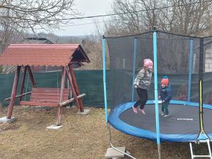 Dos niños están jugando en un trampolín en Pensiunea Valea Veveritelor, en Curtea de Argeş