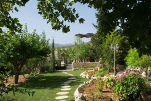 a garden with a lawn with flowers and trees at Olive House Traditional Villa with Pool in Sitia