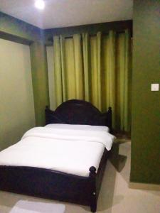 a bed sitting in a room with a curtain at Suzie Kampala Uganda in Kampala