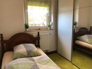 a bedroom with a bed and a mirror at Fine Ferienwohnung Bayreuth in Bayreuth