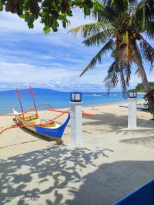 a blue boat on a beach with a palm tree at Puerto Galera Transient Guest Room in Puerto Galera