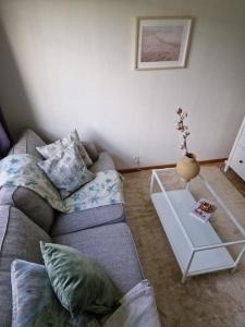 uma sala de estar com um sofá e uma mesa em Nära centrum em Gotemburgo